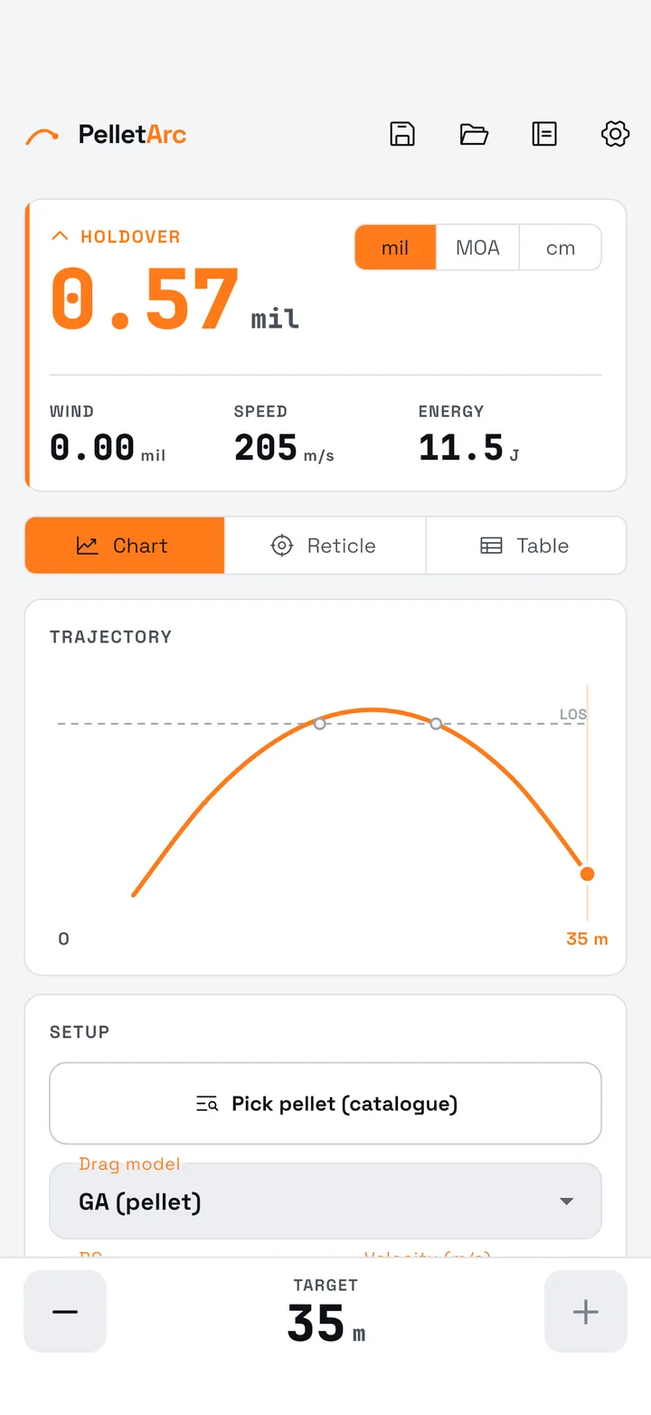 PelletArc home screen: a 0.57 mil holdover above the trajectory chart at 35 metres