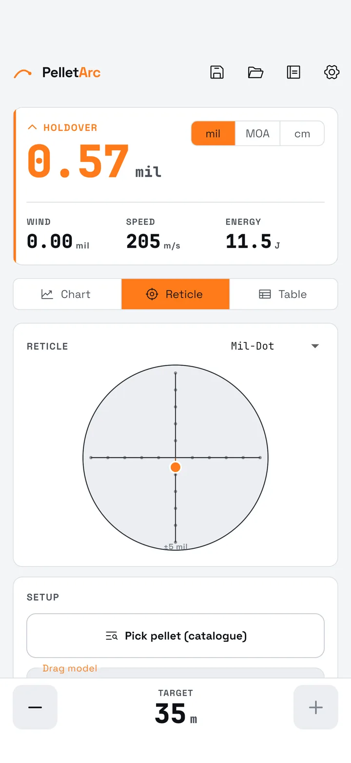 PelletArc reticle view: a Mil-Dot reticle with the amber holdover dot placed for the shot