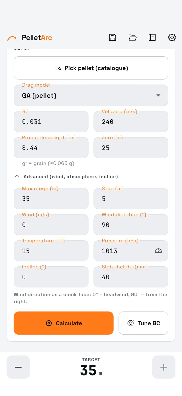 PelletArc advanced inputs: wind, atmosphere, incline and sight height with barometer auto-fill